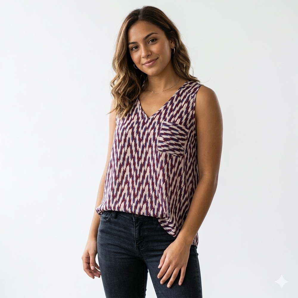 Lush Woman's Ikat Multicolored Tunic Tank Blouse With Front Pocket -- Size XS